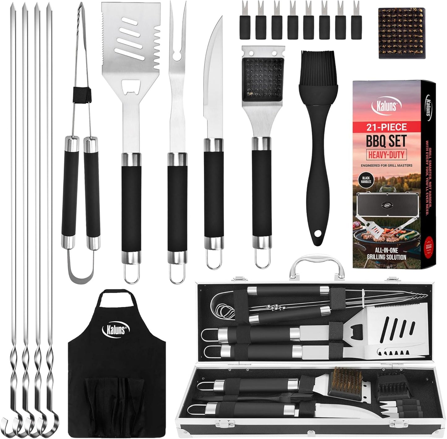 Grilling Accessories, Dad Gifts for Fathers Day Grilling Gifts, Heavy Duty Stainless Steel Grill Set BBQ Grill Accessories for Outdoor Grill with Aluminum Case and Apron, Best Gifts for Men Dad