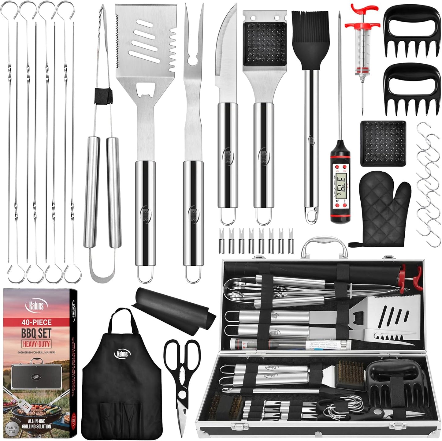 Grilling Accessories, Dad Gifts for Fathers Day Grilling Gifts, Heavy Duty Stainless Steel Grill Set BBQ Grill Accessories for Outdoor Grill with Aluminum Case and Apron, Best Gifts for Men Dad
