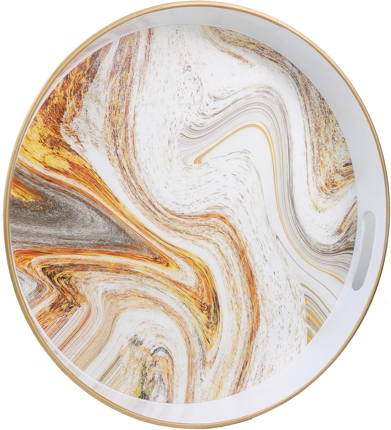 Round Blue Marbling Decorative Tray with Handles, 13" Morden Plastic Serving Tray for Coffee Table, Bathroom, Ottoman, Home Decor