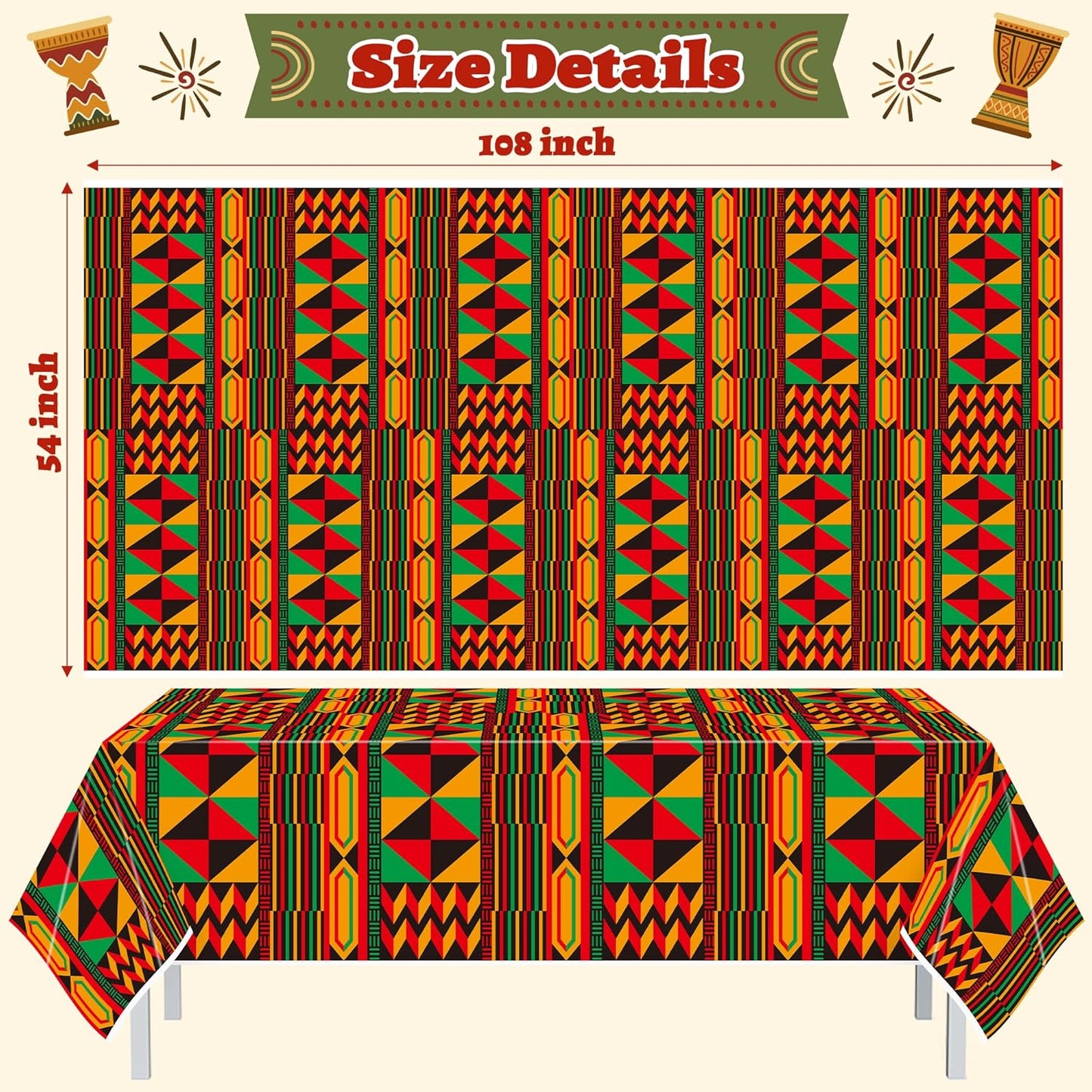 3 Packs Happy Kwanzaa Happy Juneteenth Tablecloth Decorations, African Disposable Waterproof Plastic Striped Checkered Table Covers, Afro Tablecloths for African-American Party Favor Supplies