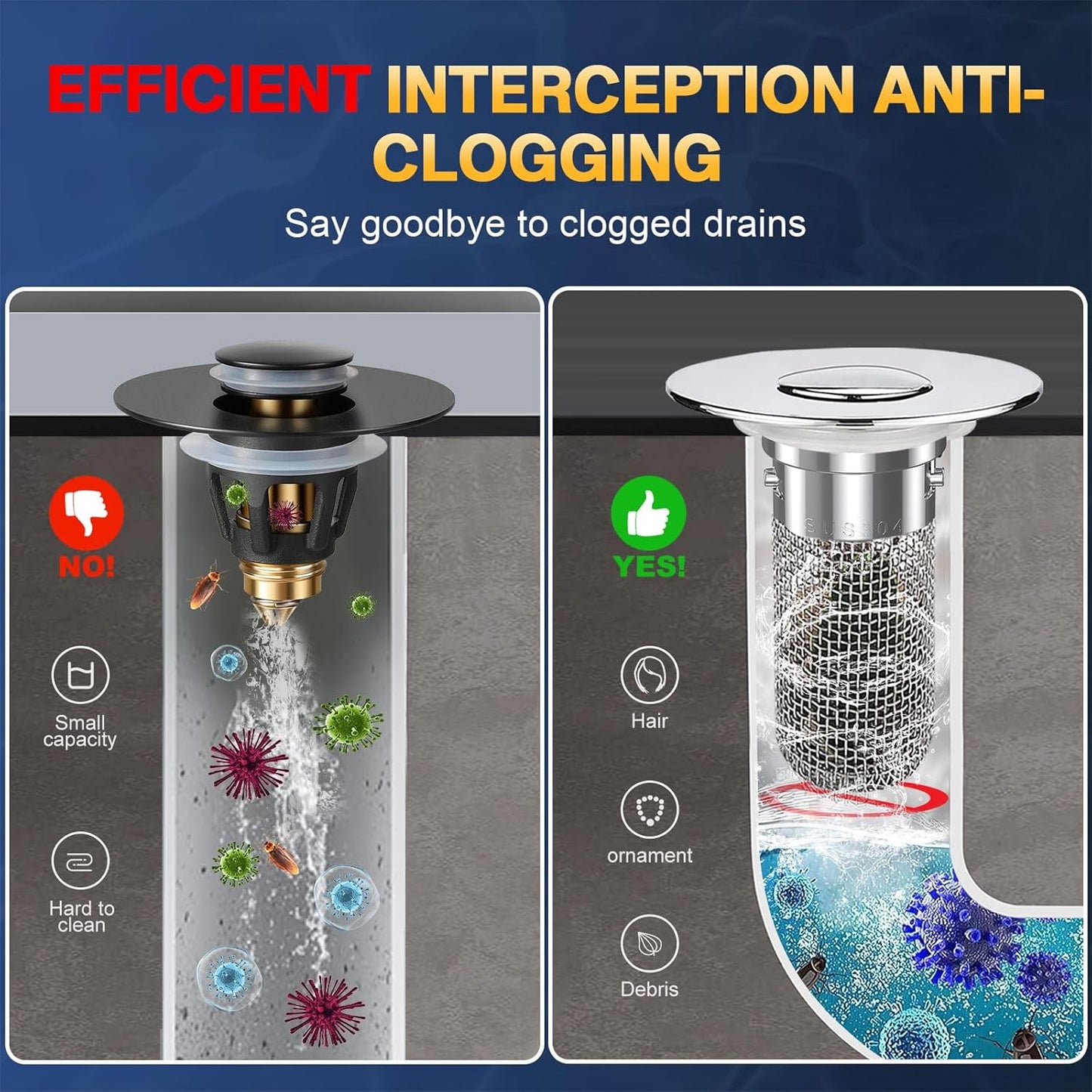 Pop-Up Bathroom Sink Drain Strainer – 2-Pack Stainless Steel Sink Stopper with Hair Catcher & Removable Filter
