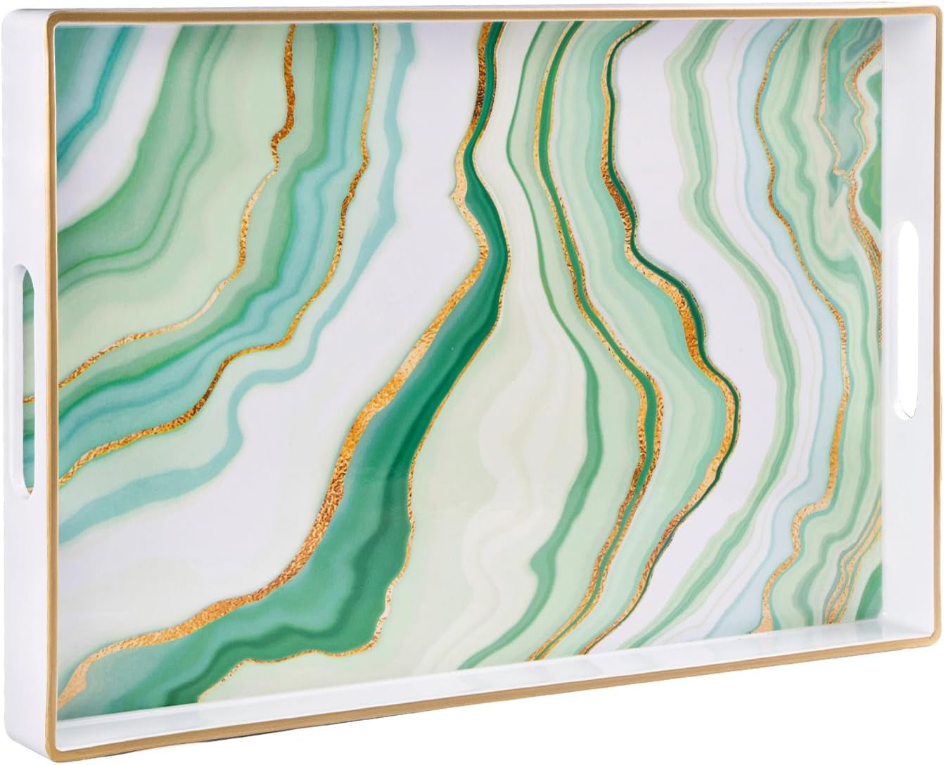 Plastic Decorative Tray, Marbling Tray with Handles, Rectangular Coffee Table Tray, Serving Tray for Ottoman, Bathroom, Kitchen, 15.7” X 11.8”, White