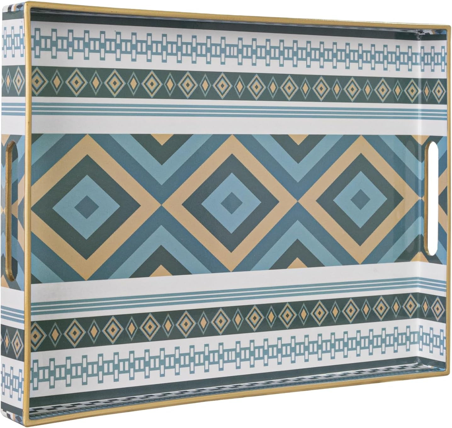 Plastic Decorative Tray, Marbling Tray with Handles, Rectangular Coffee Table Tray, Serving Tray for Ottoman, Bathroom, Kitchen, 15.7” X 11.8”, White