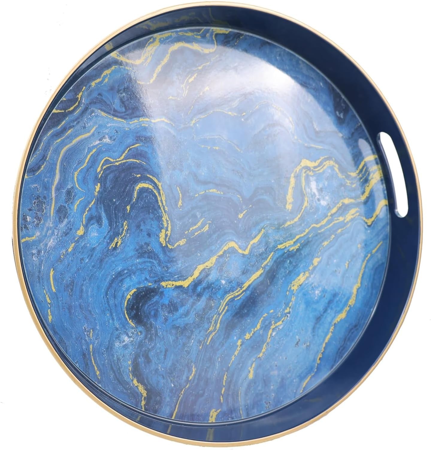 Round Blue Marbling Decorative Tray with Handles, 13" Morden Plastic Serving Tray for Coffee Table, Bathroom, Ottoman, Home Decor