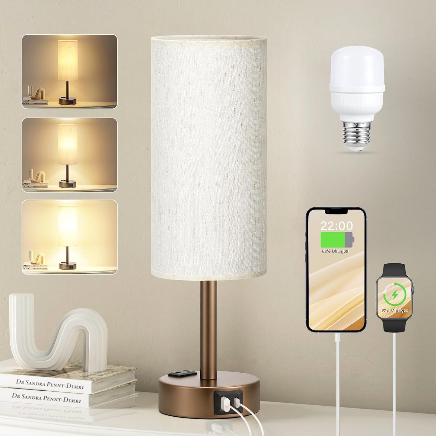 3-Way Dimmable Touch Lamp with USB C Ports & AC Outlet, LED Bulb Included | Different Colors 