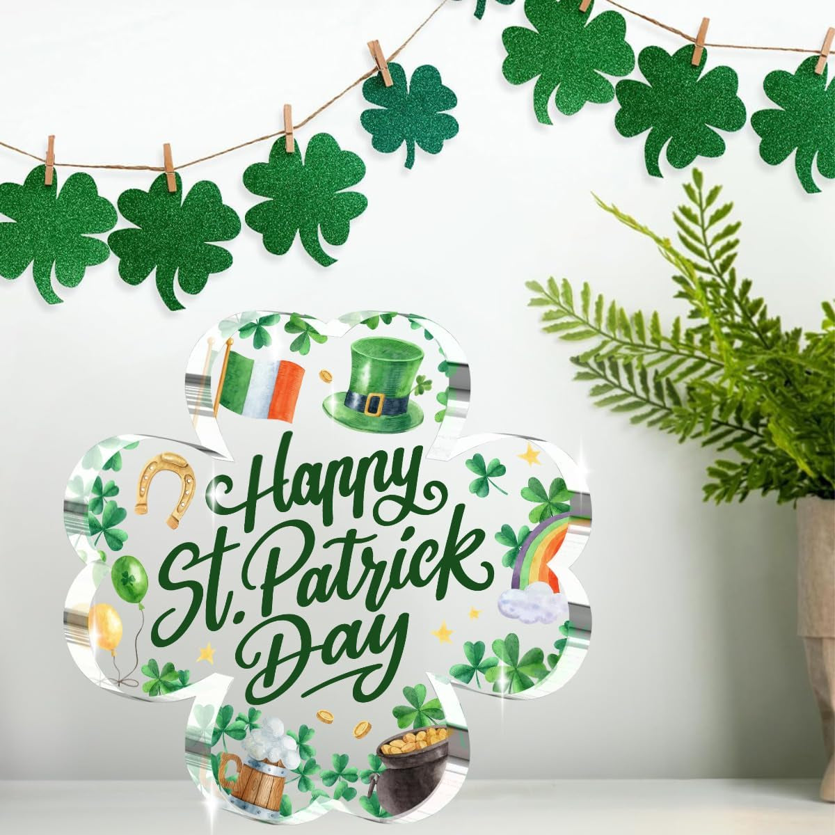 St. Patrick’s Day Decorations – Four Leaf Clover & Irish Blessing Sign, Rainbow Green Top Hat Decor for Table & Home