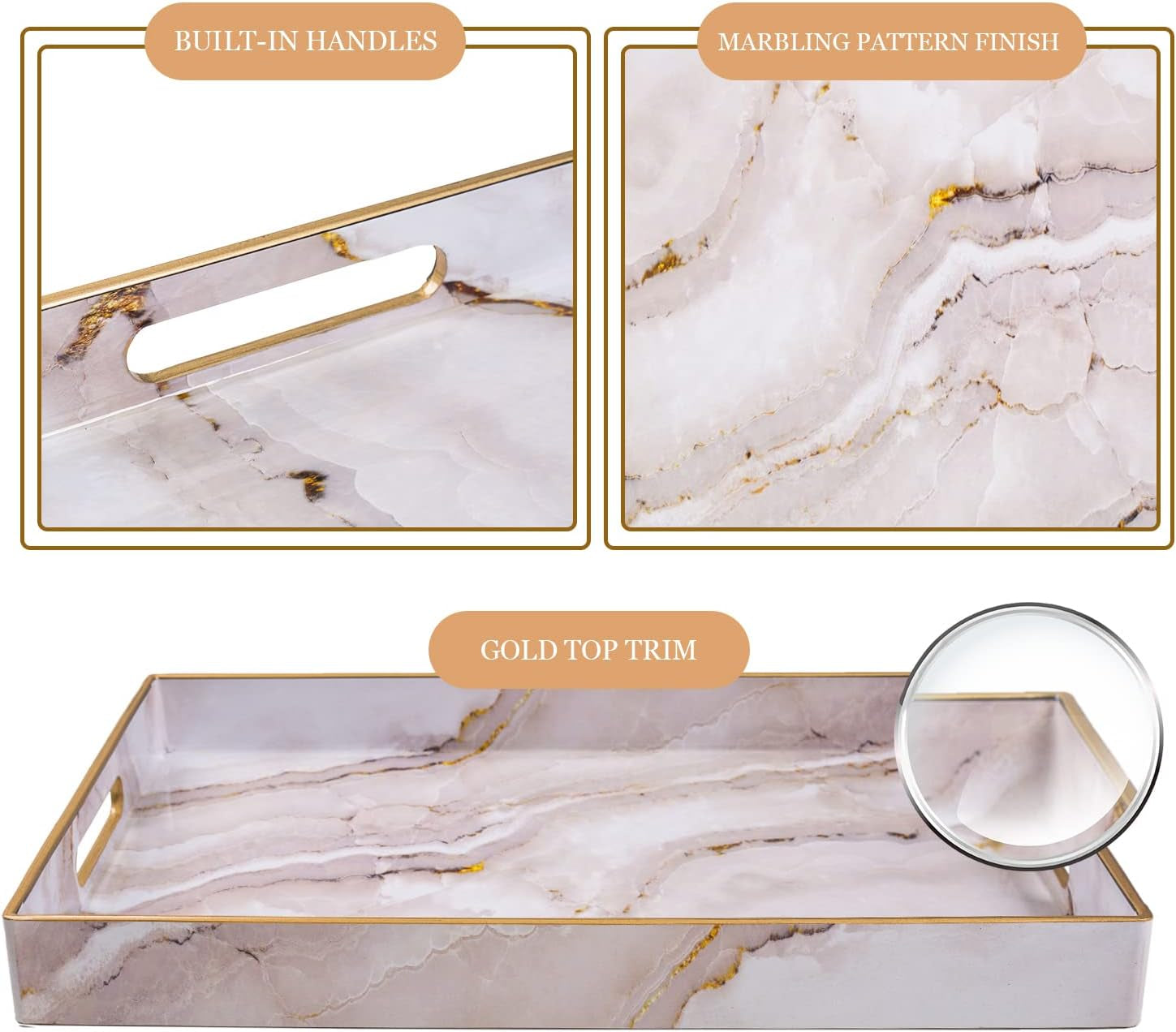 Plastic Decorative Tray, Marbling Tray with Handles, Rectangular Coffee Table Tray, Serving Tray for Ottoman, Bathroom, Kitchen, 15.7” X 11.8”, White