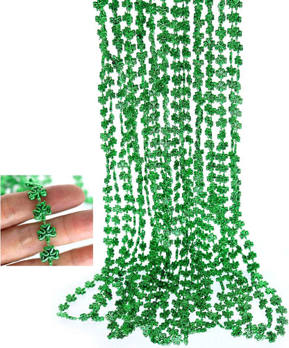 Shamrock & Shine! 🍀 12-Pack St. Patrick’s Day Bead Necklaces – Metallic Green Clover Beads for Parties, Mardi Gras & Bar Crawl Fun!