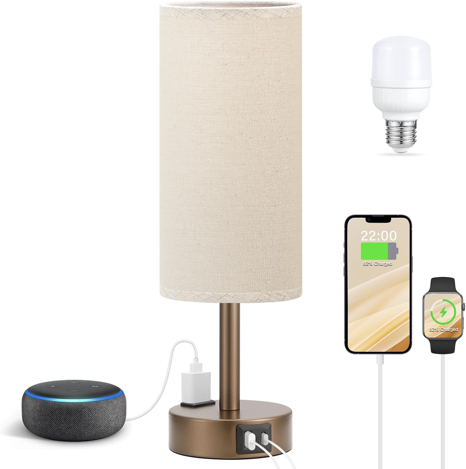 3-Way Dimmable Touch Lamp with USB C Ports & AC Outlet, LED Bulb Included | Different Colors 