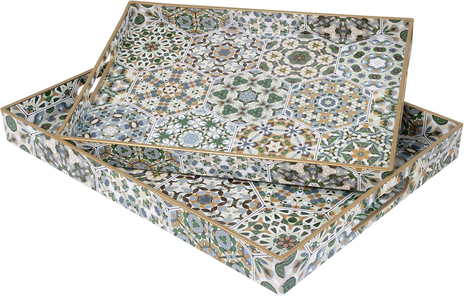 Plastic Decorative Tray, Marbling Tray with Handles, Rectangular Coffee Table Tray, Serving Tray for Ottoman, Bathroom, Kitchen, 15.7” X 11.8”, White