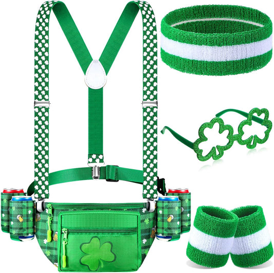 10 Pcs St. Patrick'S Day Fanny Pack Shamrocks Belt Bag Fanny Pack with Suspenders Drink Holder Headband Wristband