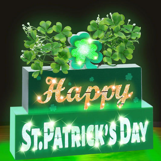 St. Patrick’s Day Table Centerpieces – Wooden Blocks with Lighted 3D Letters, Shamrocks, Flowers, & Timer