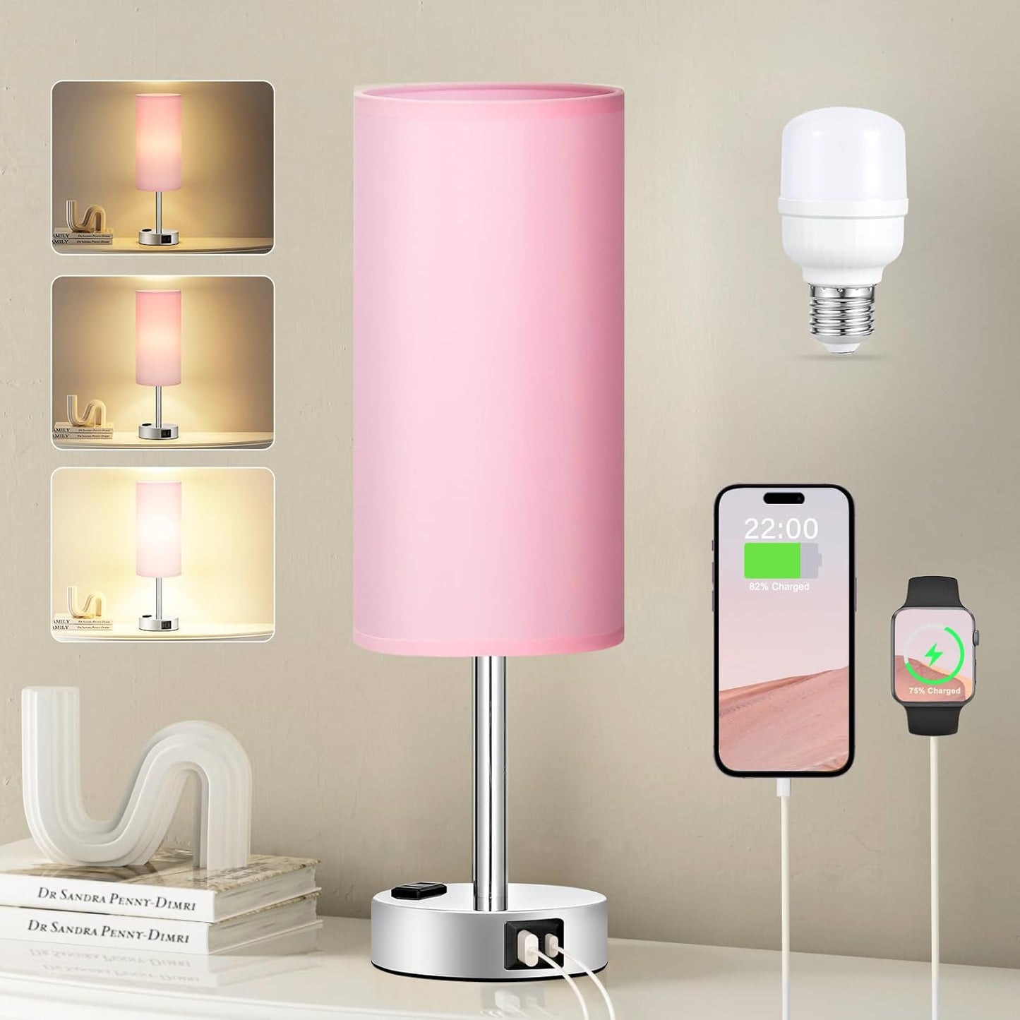 3-Way Dimmable Touch Lamp with USB C Ports & AC Outlet, LED Bulb Included | Different Colors 