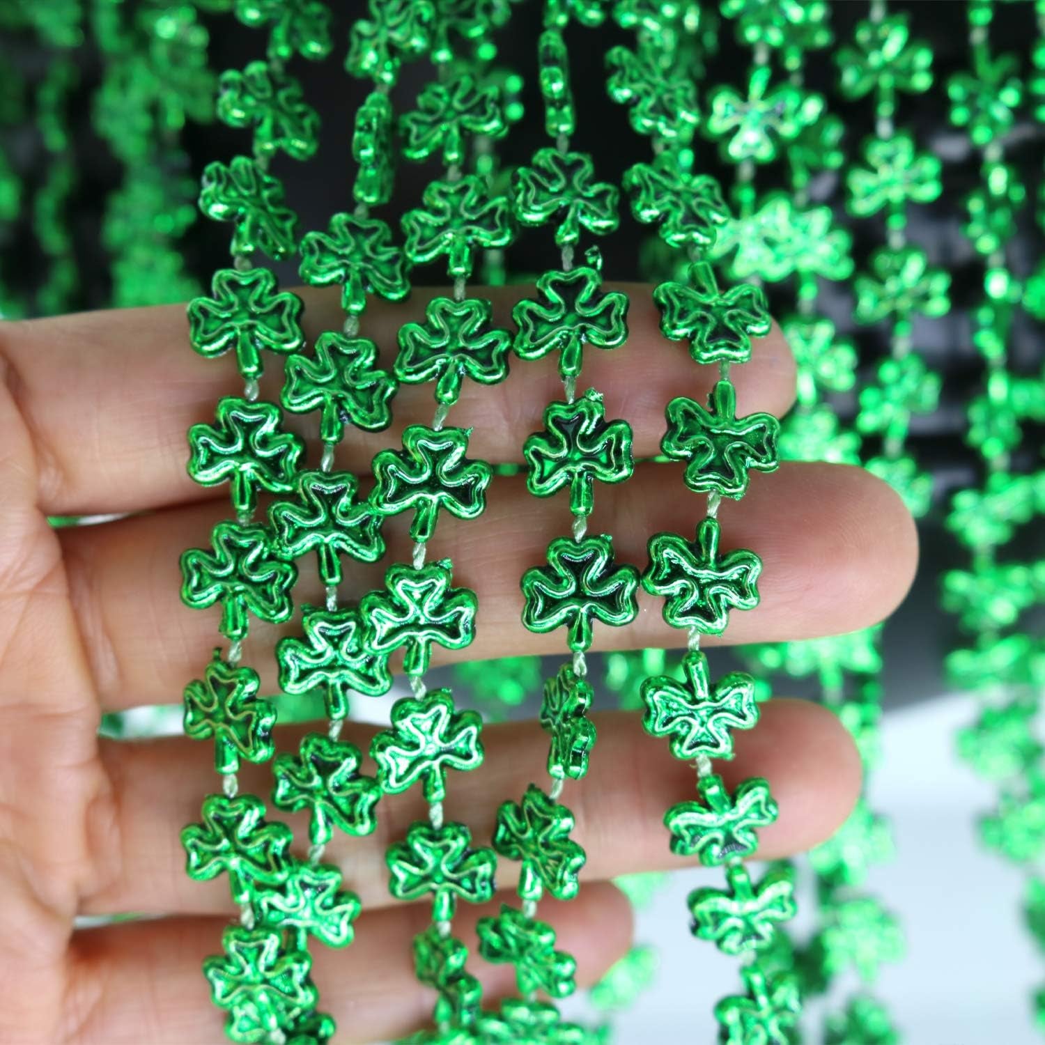 Shamrock & Shine! 🍀 12-Pack St. Patrick’s Day Bead Necklaces – Metallic Green Clover Beads for Parties, Mardi Gras & Bar Crawl Fun!