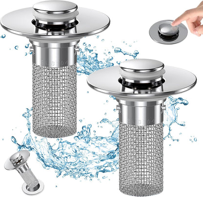 Pop-Up Bathroom Sink Drain Strainer – 2-Pack Stainless Steel Sink Stopper with Hair Catcher & Removable Filter