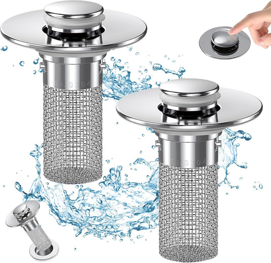 Pop-Up Bathroom Sink Drain Strainer – 2-Pack Stainless Steel Sink Stopper with Hair Catcher & Removable Filter
