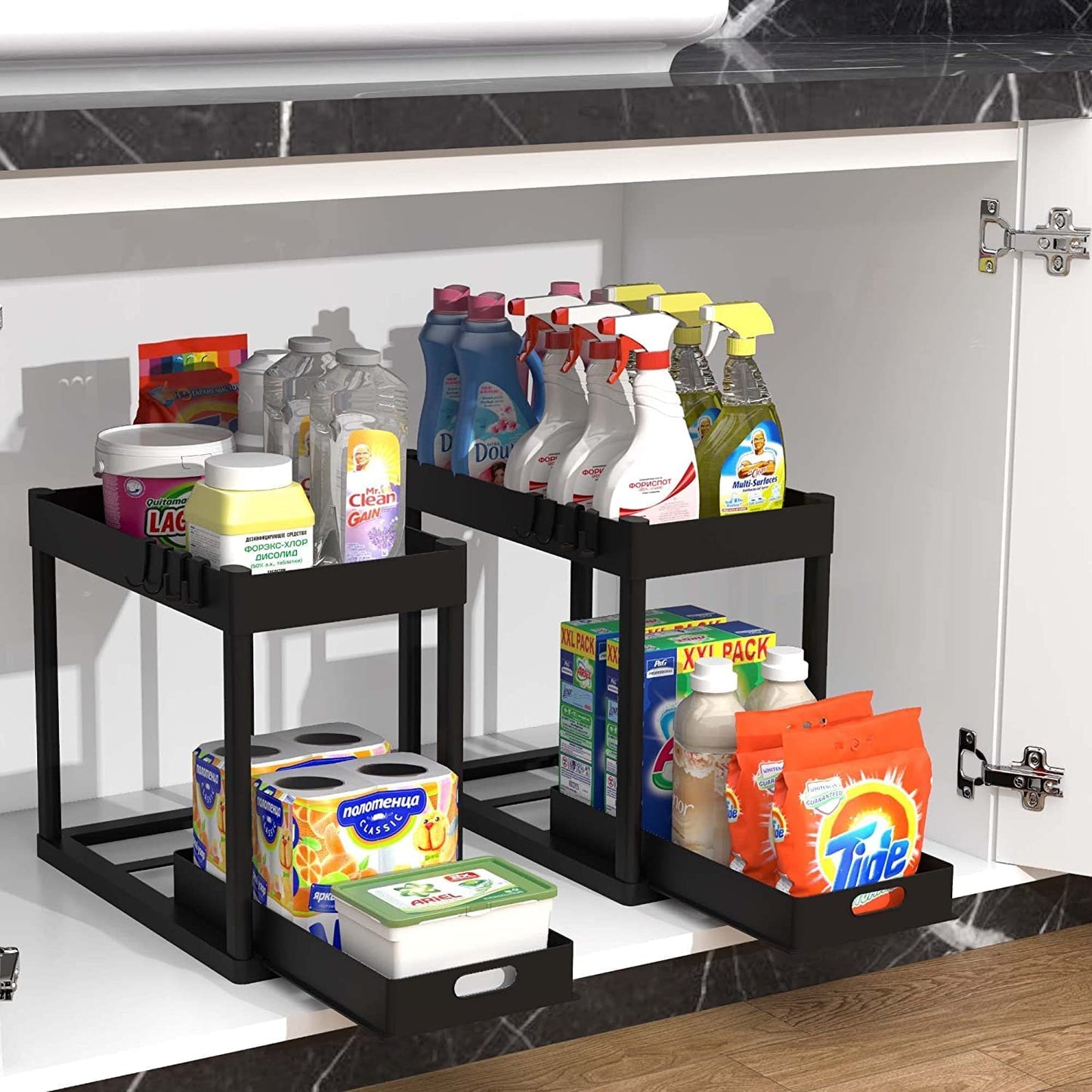 Maximize Your Space! 🏡✨ 2-Tier Under Sink Organizer – Sliding Storage Rack for Kitchen & Bathroom!
