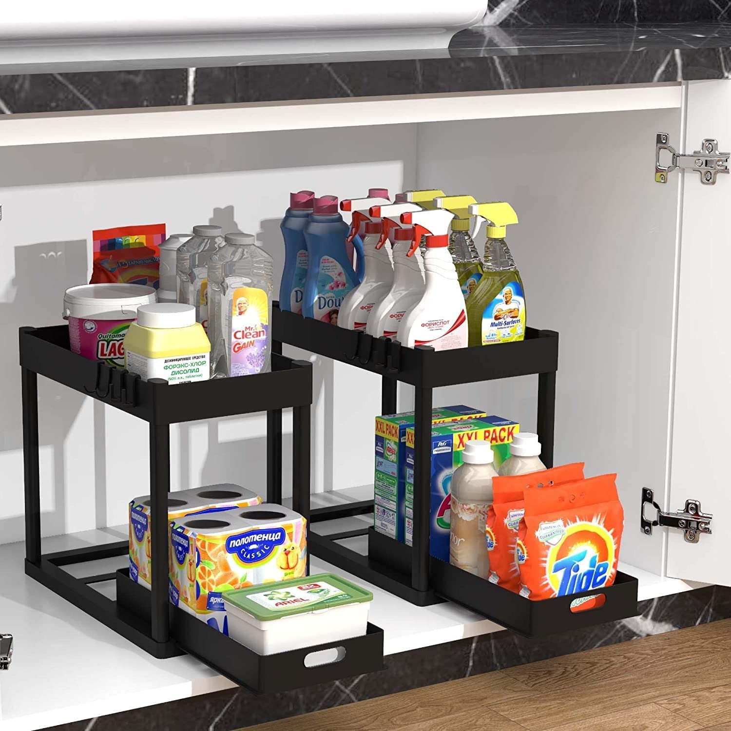 Maximize Your Space! 🏡✨ 2-Tier Under Sink Organizer – Sliding Storage Rack for Kitchen & Bathroom!
