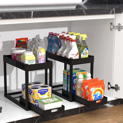Maximize Your Space! 🏡✨ 2-Tier Under Sink Organizer – Sliding Storage Rack for Kitchen & Bathroom!
