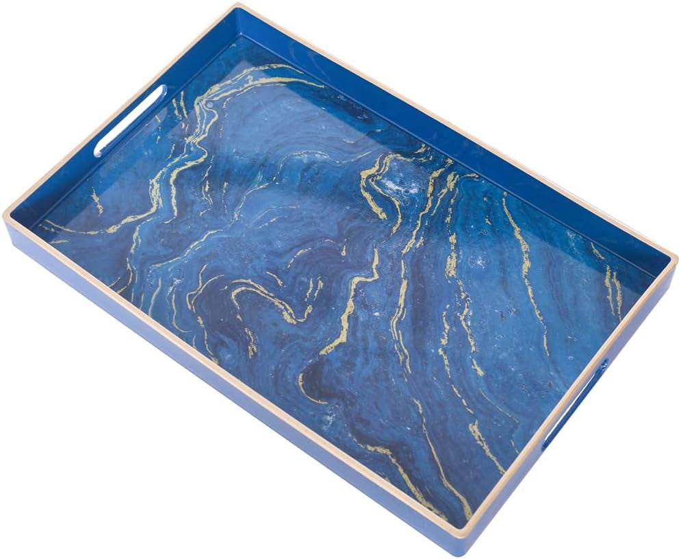 Plastic Decorative Tray, Marbling Tray with Handles, Rectangular Coffee Table Tray, Serving Tray for Ottoman, Bathroom, Kitchen, 15.7” X 11.8”, White
