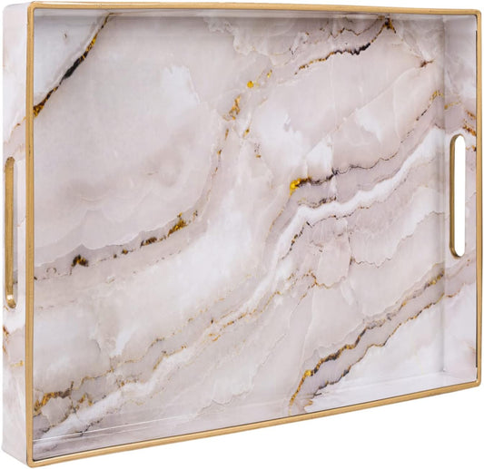 Plastic Decorative Tray, Marbling Tray with Handles, Rectangular Coffee Table Tray, Serving Tray for Ottoman, Bathroom, Kitchen, 15.7” X 11.8”, White