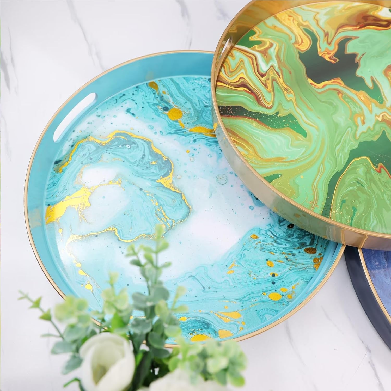 Round Blue Marbling Decorative Tray with Handles, 13" Morden Plastic Serving Tray for Coffee Table, Bathroom, Ottoman, Home Decor