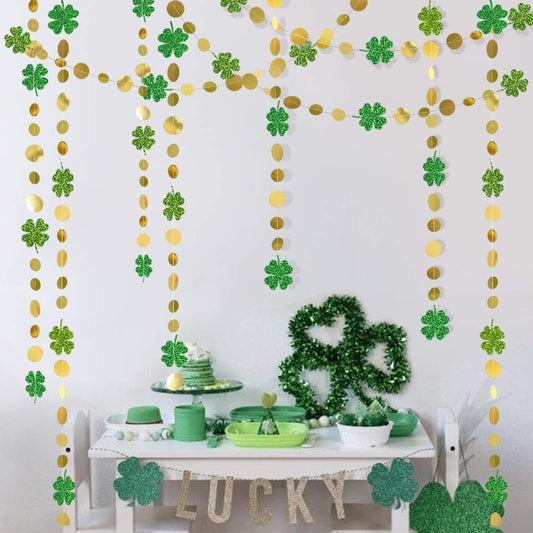 Green Shamrock Garland St Patricks Day Decorations - 4 Leaf Clover Glitter St Paddy'S Day Garland Hanging Streamers for St. Patrick'S Day Irish Party Supplies and Spring Decor - 52Ft