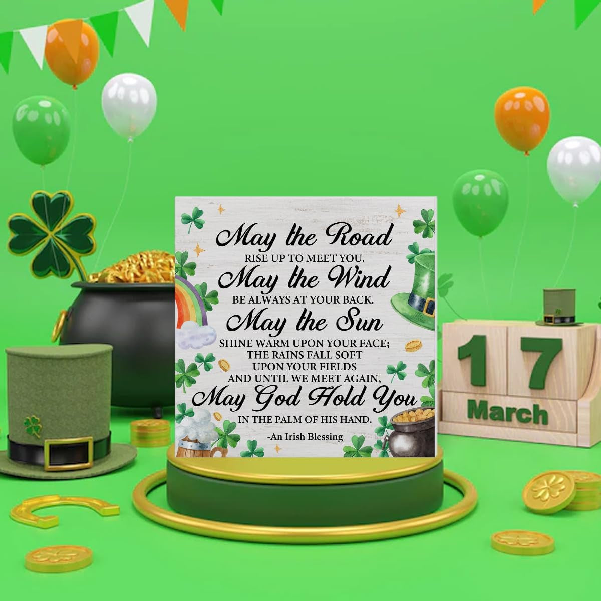 "Bring the Luck Home! Rustic Irish Blessing Wood Sign for St. Patrick's Day – Perfect for Tabletop, Shelf & Desk Decor!" 🍀✨