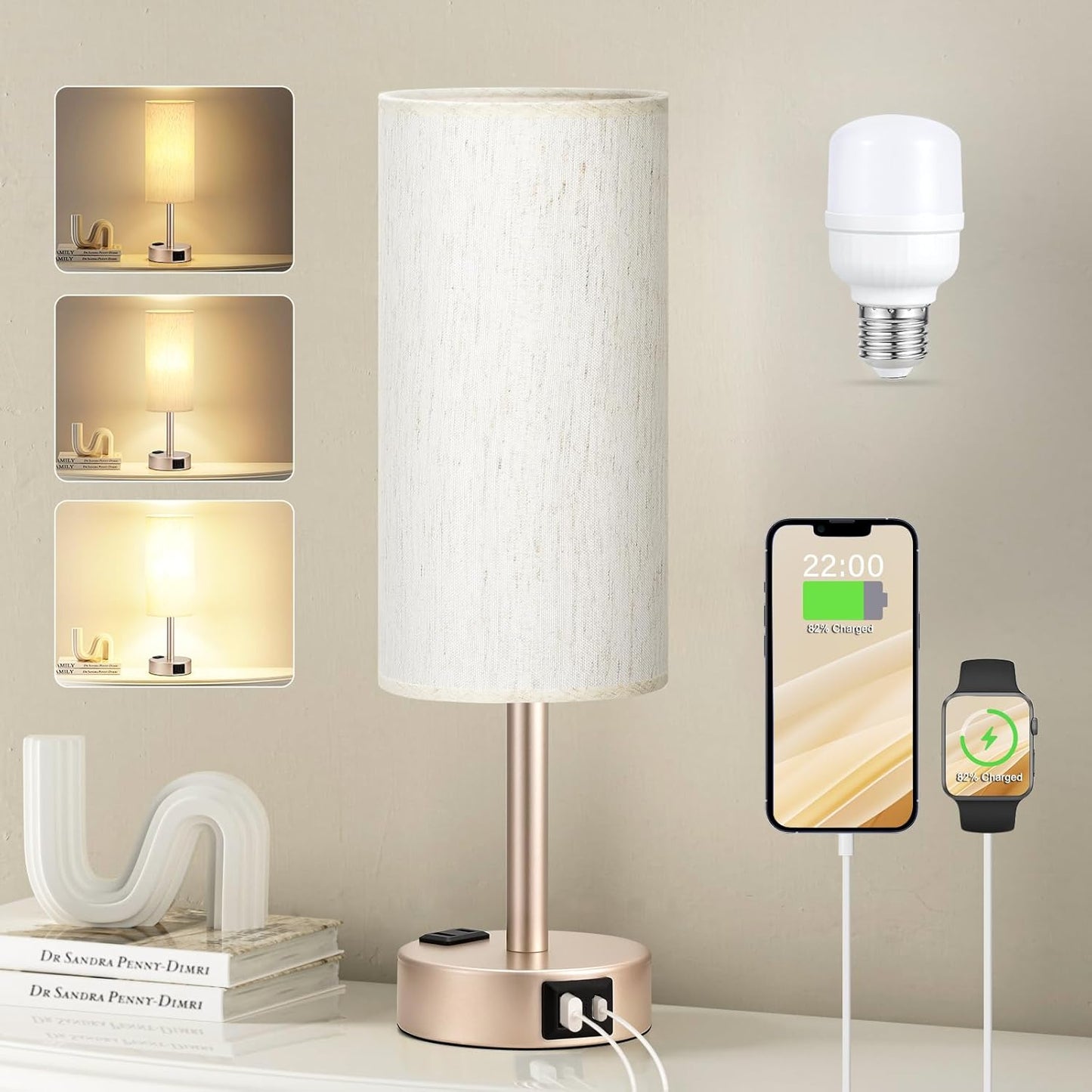 3-Way Dimmable Touch Lamp with USB C Ports & AC Outlet, LED Bulb Included | Different Colors 