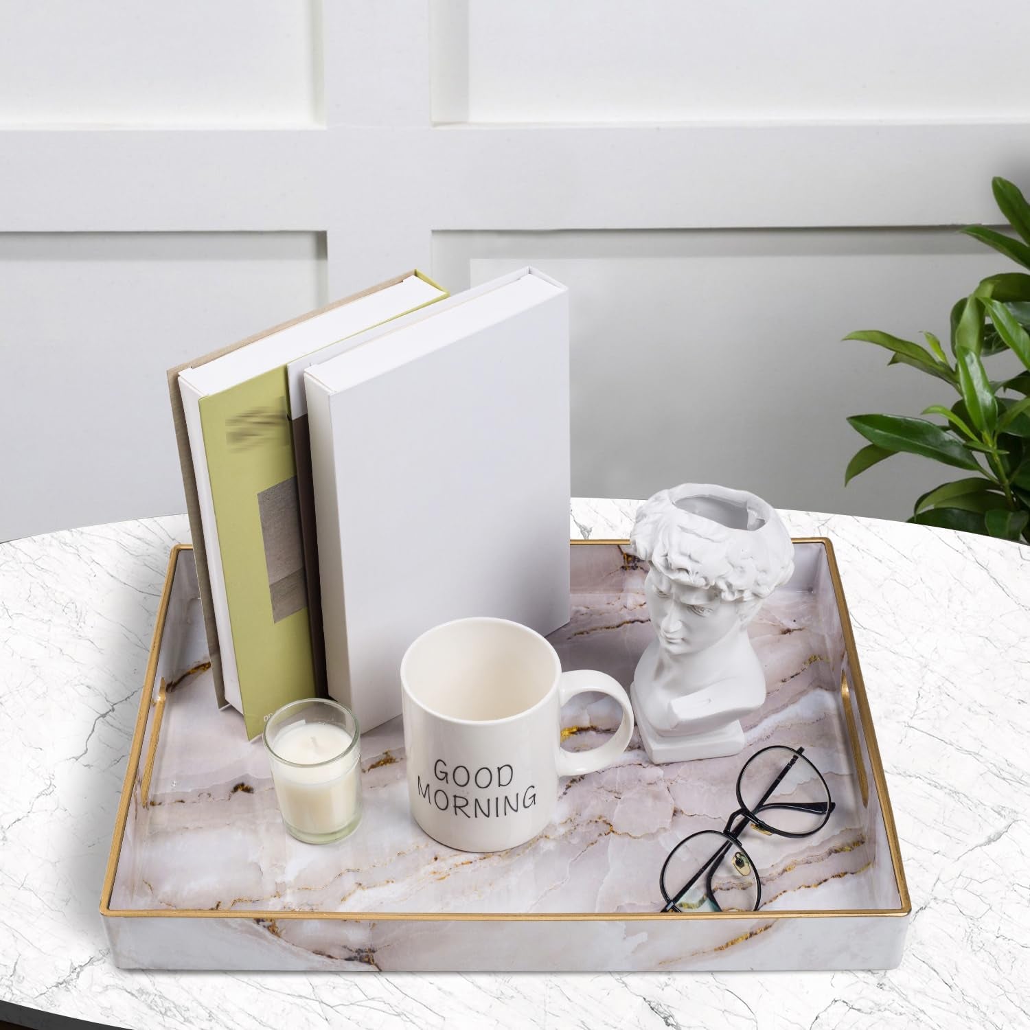 Plastic Decorative Tray, Marbling Tray with Handles, Rectangular Coffee Table Tray, Serving Tray for Ottoman, Bathroom, Kitchen, 15.7” X 11.8”, White