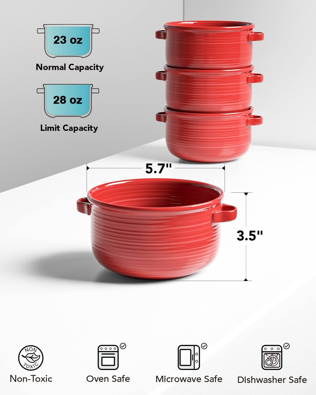 Soup Bowls with Handles – 28oz Ceramic French Onion Soup Bowls, Stackable Set of 4, Oven & Microwave Safe, Red, White