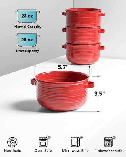 Soup Bowls with Handles – 28oz Ceramic French Onion Soup Bowls, Stackable Set of 4, Oven & Microwave Safe, Red, White