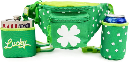 St Patrick’S Dublin' Drinker Fanny Pack W/Drink Accessories - Green Clover Waist Bag with 2 Attached Beverage Holsters - Multiple Zipper Pocket Belt Bag for Parties Celebrations