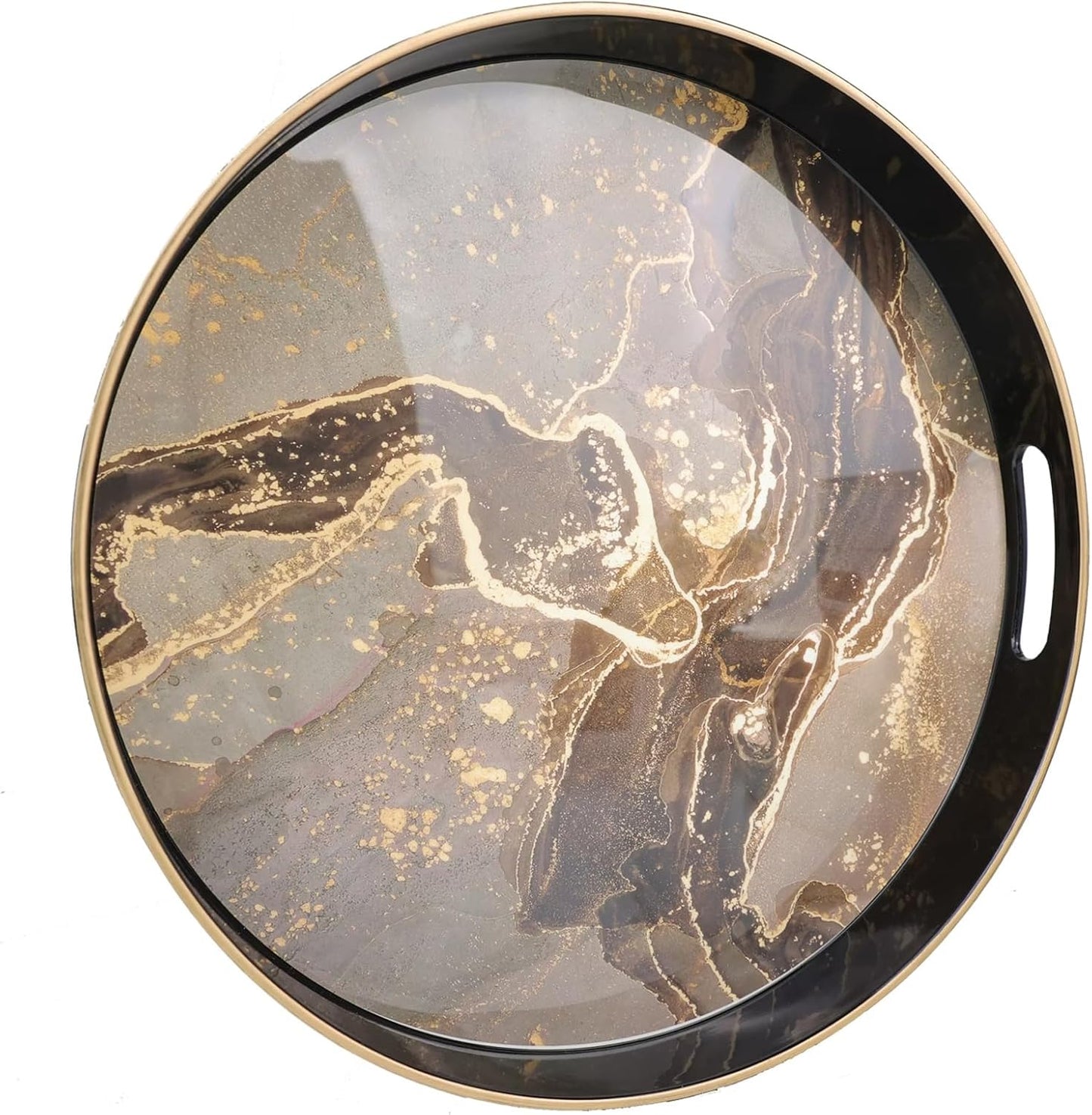 Round Blue Marbling Decorative Tray with Handles, 13" Morden Plastic Serving Tray for Coffee Table, Bathroom, Ottoman, Home Decor