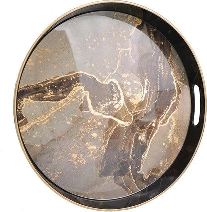 Round Blue Marbling Decorative Tray with Handles, 13" Morden Plastic Serving Tray for Coffee Table, Bathroom, Ottoman, Home Decor