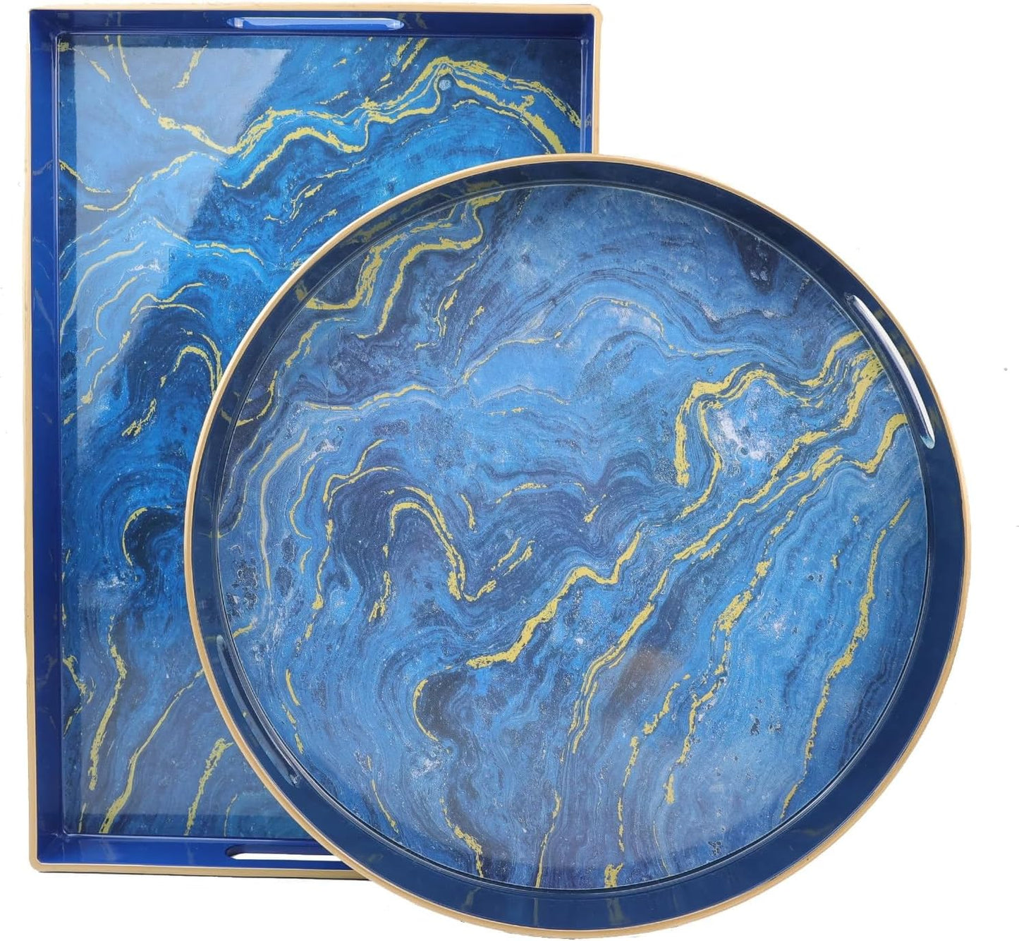 Round Blue Marbling Decorative Tray with Handles, 13" Morden Plastic Serving Tray for Coffee Table, Bathroom, Ottoman, Home Decor