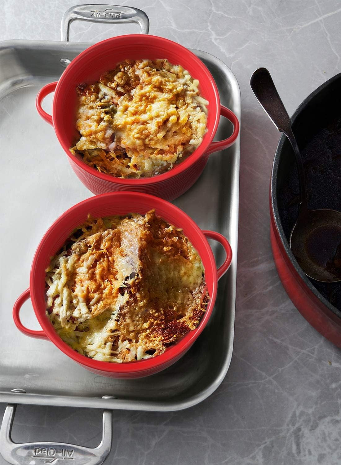 Soup Bowls with Handles – 28oz Ceramic French Onion Soup Bowls, Stackable Set of 4, Oven & Microwave Safe, Red, White