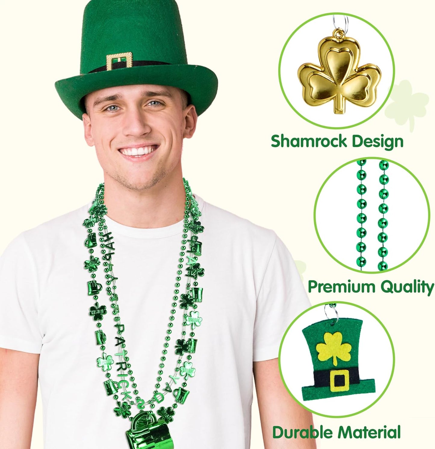 24 Pcs St. Patrick'S Day Necklaces Set with Shamrock Beer Mug Hat Pot Gold Coin Elements, Green Plastic Bead Necklace Jewelry for St. Patricks Dress up Accessories Costume Party Decorations