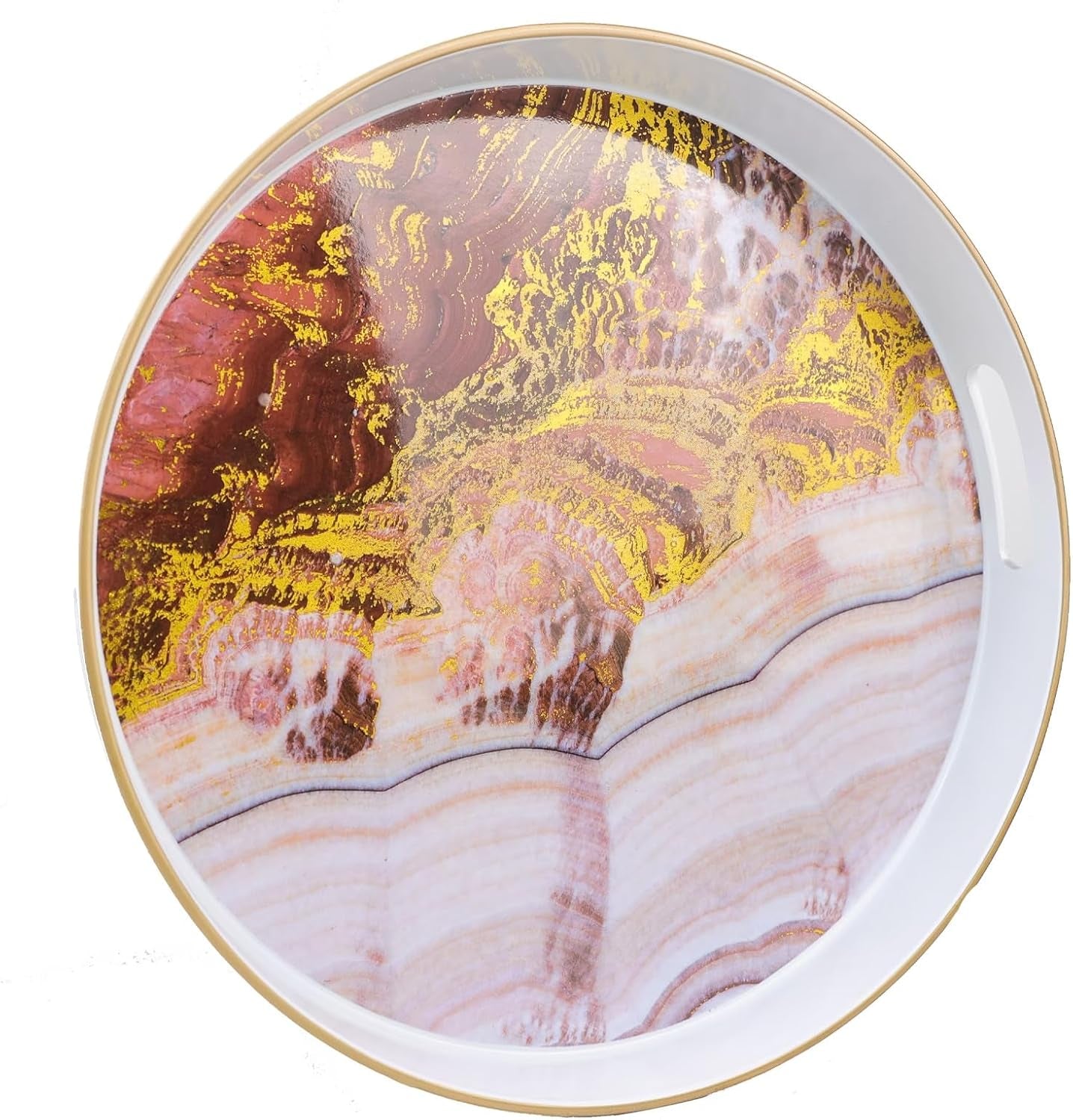 Round Blue Marbling Decorative Tray with Handles, 13" Morden Plastic Serving Tray for Coffee Table, Bathroom, Ottoman, Home Decor