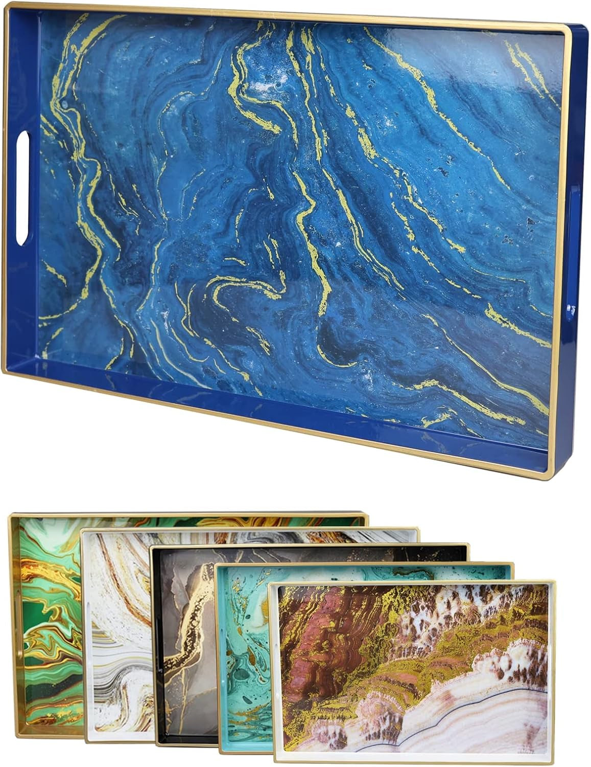 Round Blue Marbling Decorative Tray with Handles, 13" Morden Plastic Serving Tray for Coffee Table, Bathroom, Ottoman, Home Decor