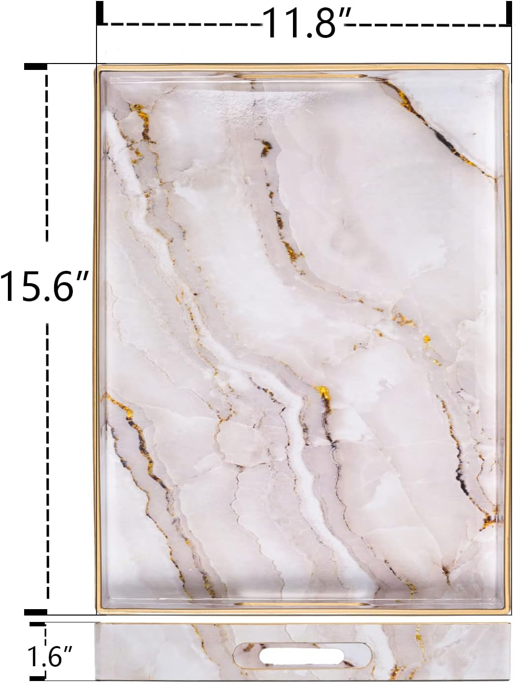 Plastic Decorative Tray, Marbling Tray with Handles, Rectangular Coffee Table Tray, Serving Tray for Ottoman, Bathroom, Kitchen, 15.7” X 11.8”, White