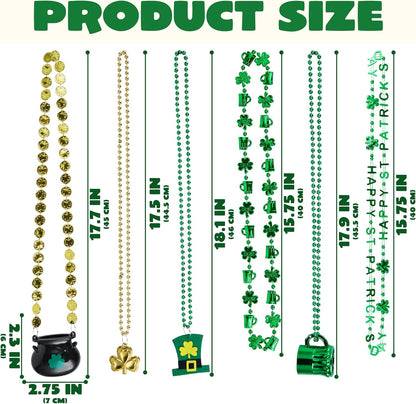 24 Pcs St. Patrick'S Day Necklaces Set with Shamrock Beer Mug Hat Pot Gold Coin Elements, Green Plastic Bead Necklace Jewelry for St. Patricks Dress up Accessories Costume Party Decorations