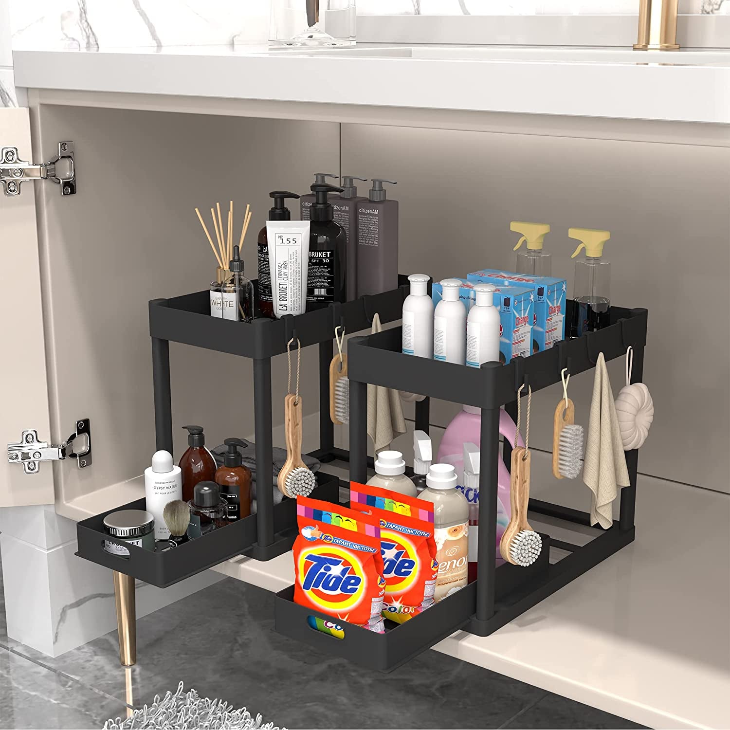 Maximize Your Space! 🏡✨ 2-Tier Under Sink Organizer – Sliding Storage Rack for Kitchen & Bathroom!