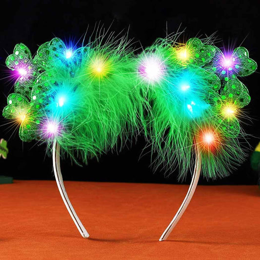 Glow Up for St. Patrick’s Day! 🍀 LED Shamrock Headband with Green Feathers & Cat Ears – Festive & Fun Hair Accessory!