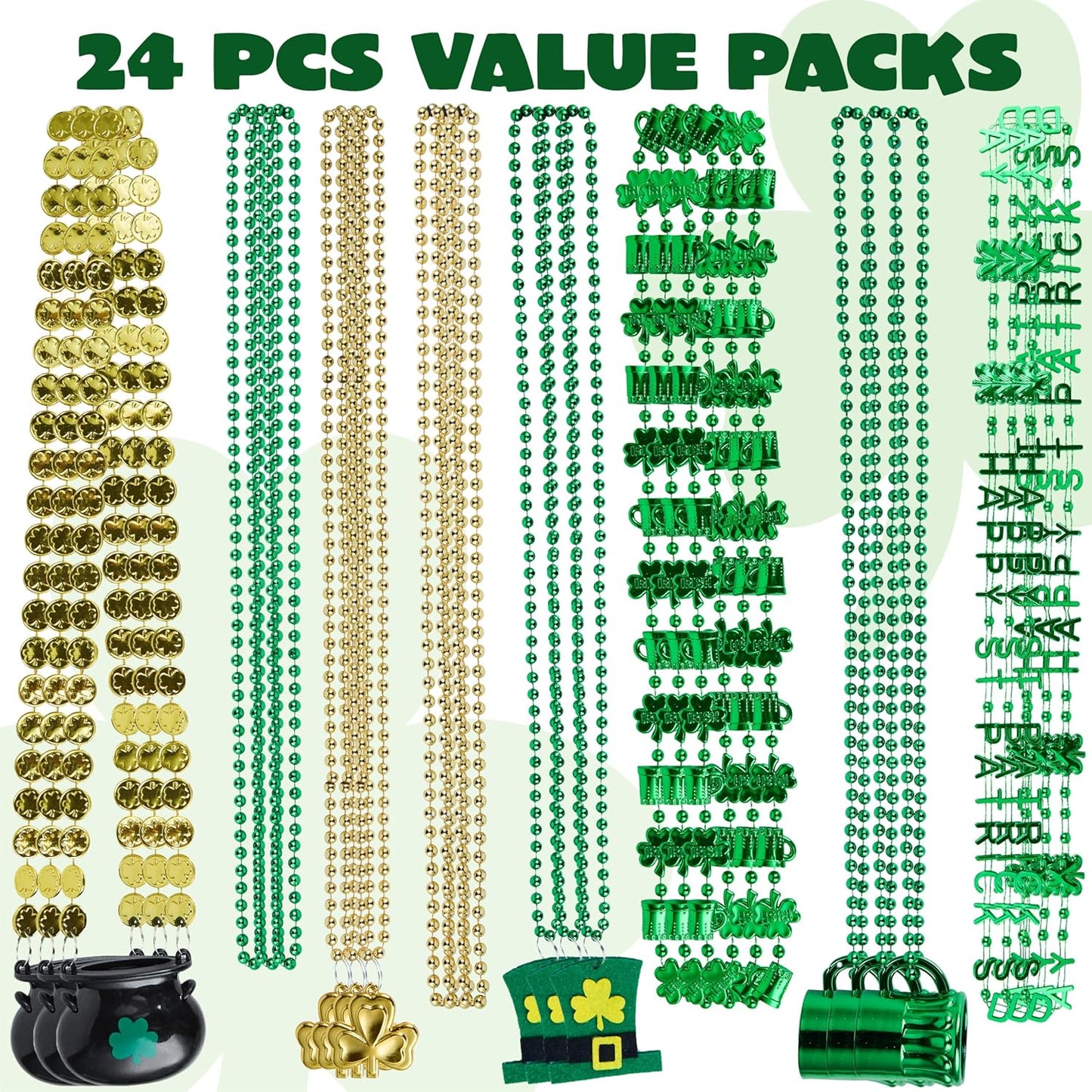 24 Pcs St. Patrick'S Day Necklaces Set with Shamrock Beer Mug Hat Pot Gold Coin Elements, Green Plastic Bead Necklace Jewelry for St. Patricks Dress up Accessories Costume Party Decorations