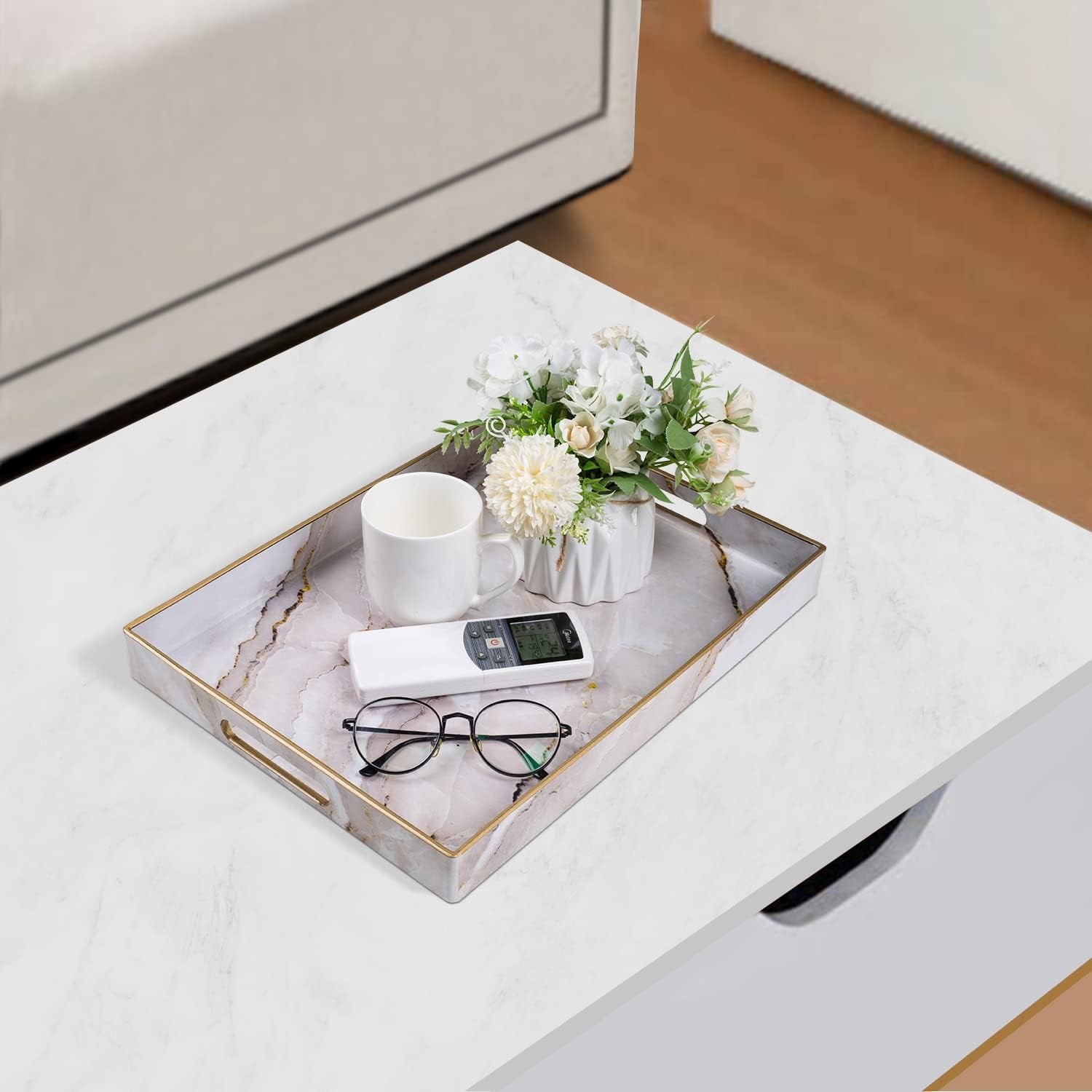 Plastic Decorative Tray, Marbling Tray with Handles, Rectangular Coffee Table Tray, Serving Tray for Ottoman, Bathroom, Kitchen, 15.7” X 11.8”, White