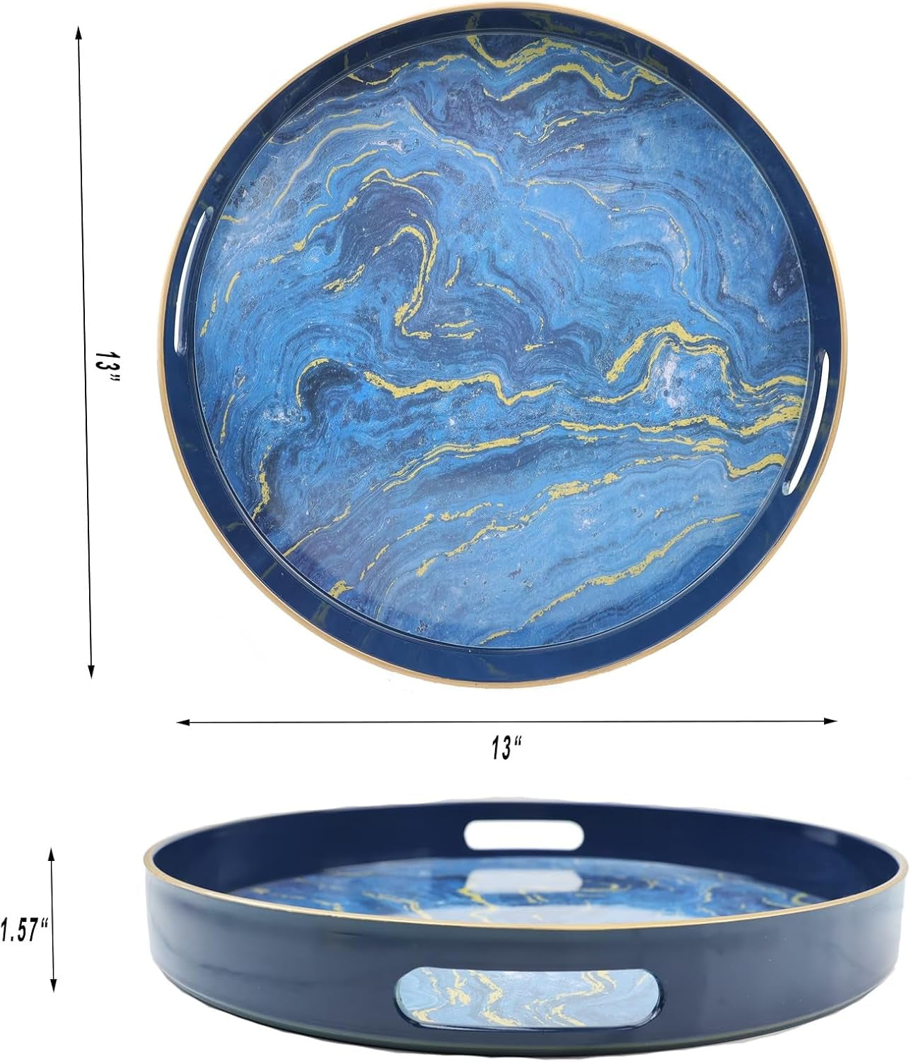 Round Blue Marbling Decorative Tray with Handles, 13" Morden Plastic Serving Tray for Coffee Table, Bathroom, Ottoman, Home Decor