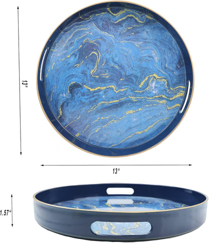 Round Blue Marbling Decorative Tray with Handles, 13" Morden Plastic Serving Tray for Coffee Table, Bathroom, Ottoman, Home Decor