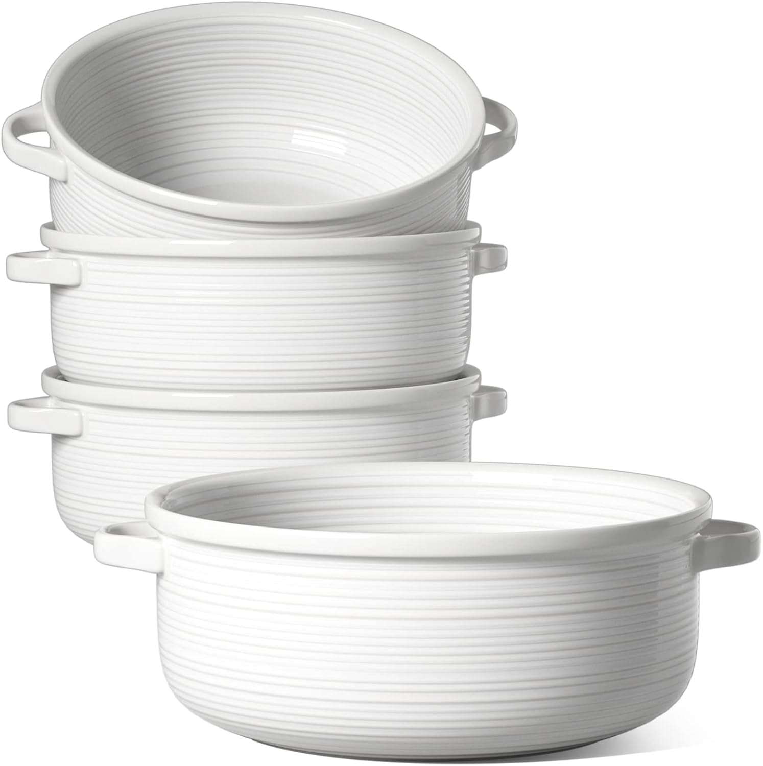 Soup Bowls with Handles – 28oz Ceramic French Onion Soup Bowls, Stackable Set of 4, Oven & Microwave Safe, Red, White