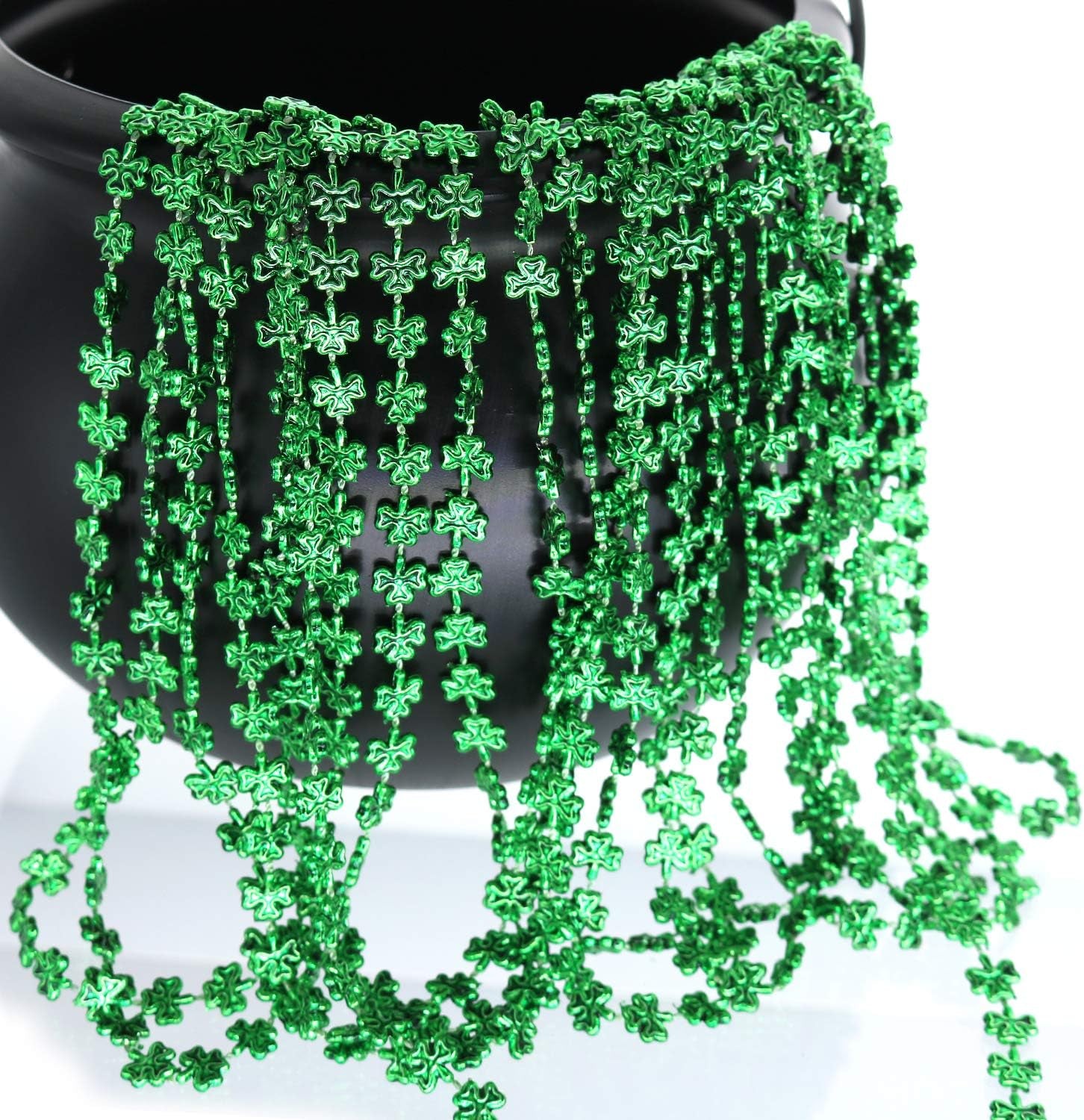 Shamrock & Shine! 🍀 12-Pack St. Patrick’s Day Bead Necklaces – Metallic Green Clover Beads for Parties, Mardi Gras & Bar Crawl Fun!